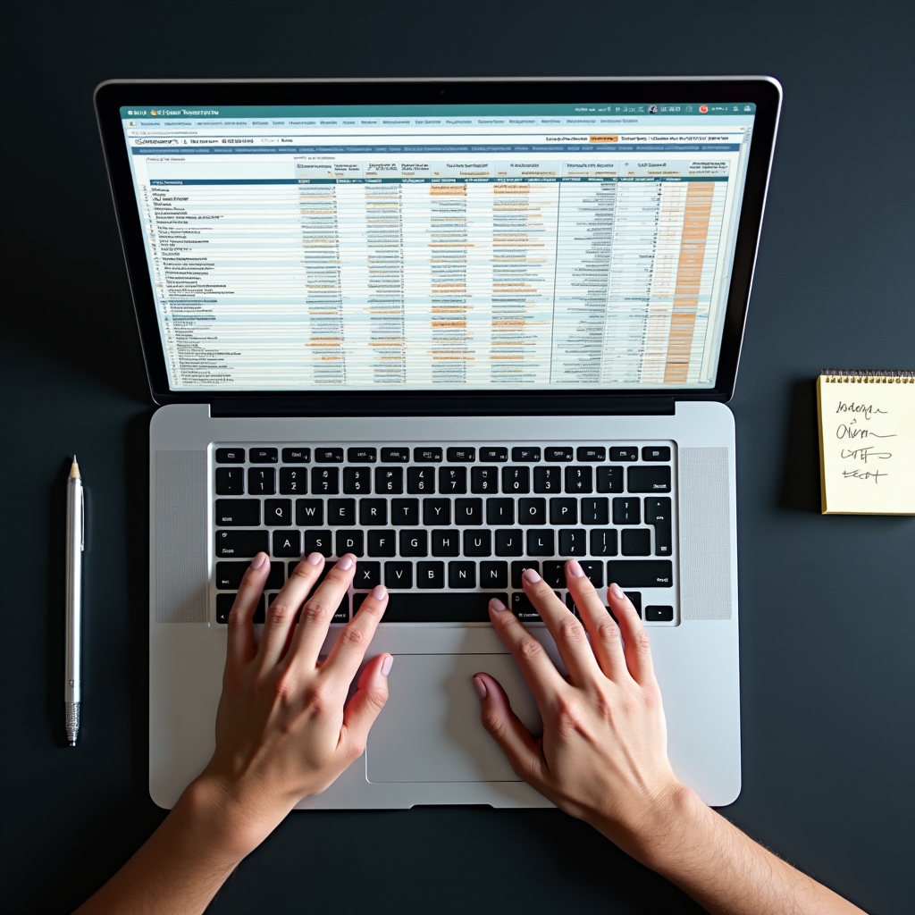 Close-up overhead shot of an open laptop screen showing a color-coded attribution spreadsheet with UTM parameters and revenue columns, hands visible at keyboard edges