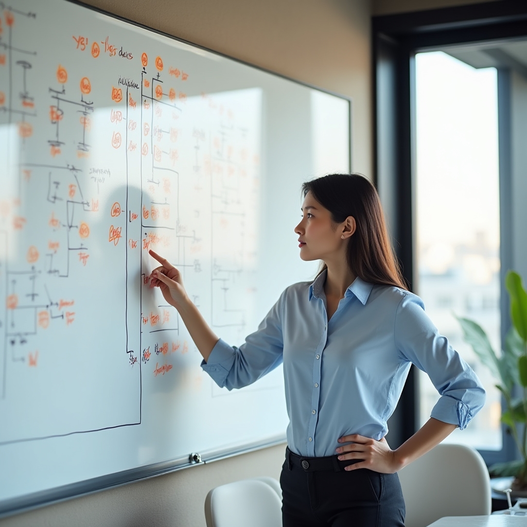 Wide shot of a whiteboard covered in a decision tree diagram with yes/no branches and content categories, a woman in her late twenties pointing at a node, natural office daylight from large windows