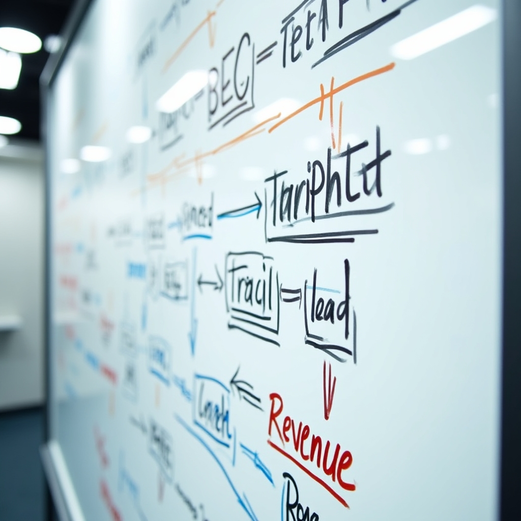Close-up of a whiteboard with a content attribution diagram showing traffic sources and revenue connections drawn in marker