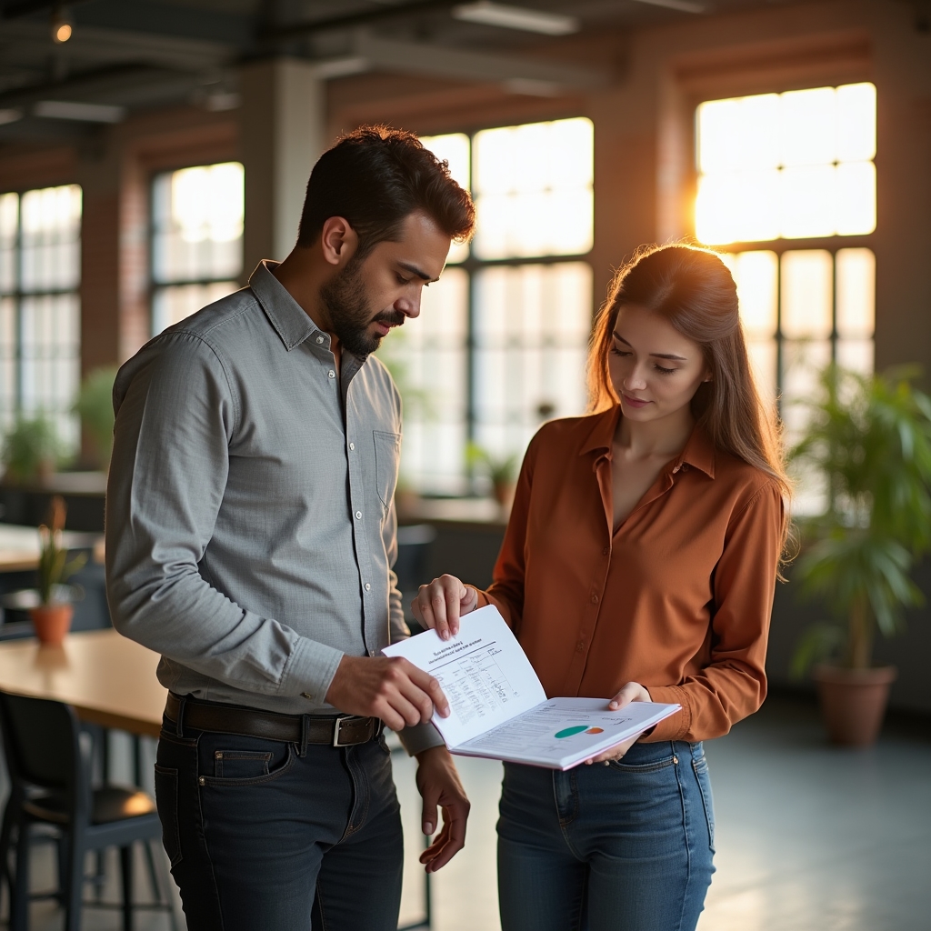 Wide shot of two colleagues in their thirties, one Latino man and one white woman, reviewing a printed methodology document together at a standing desk, warm afternoon light from large windows, relaxed professional atmosphere