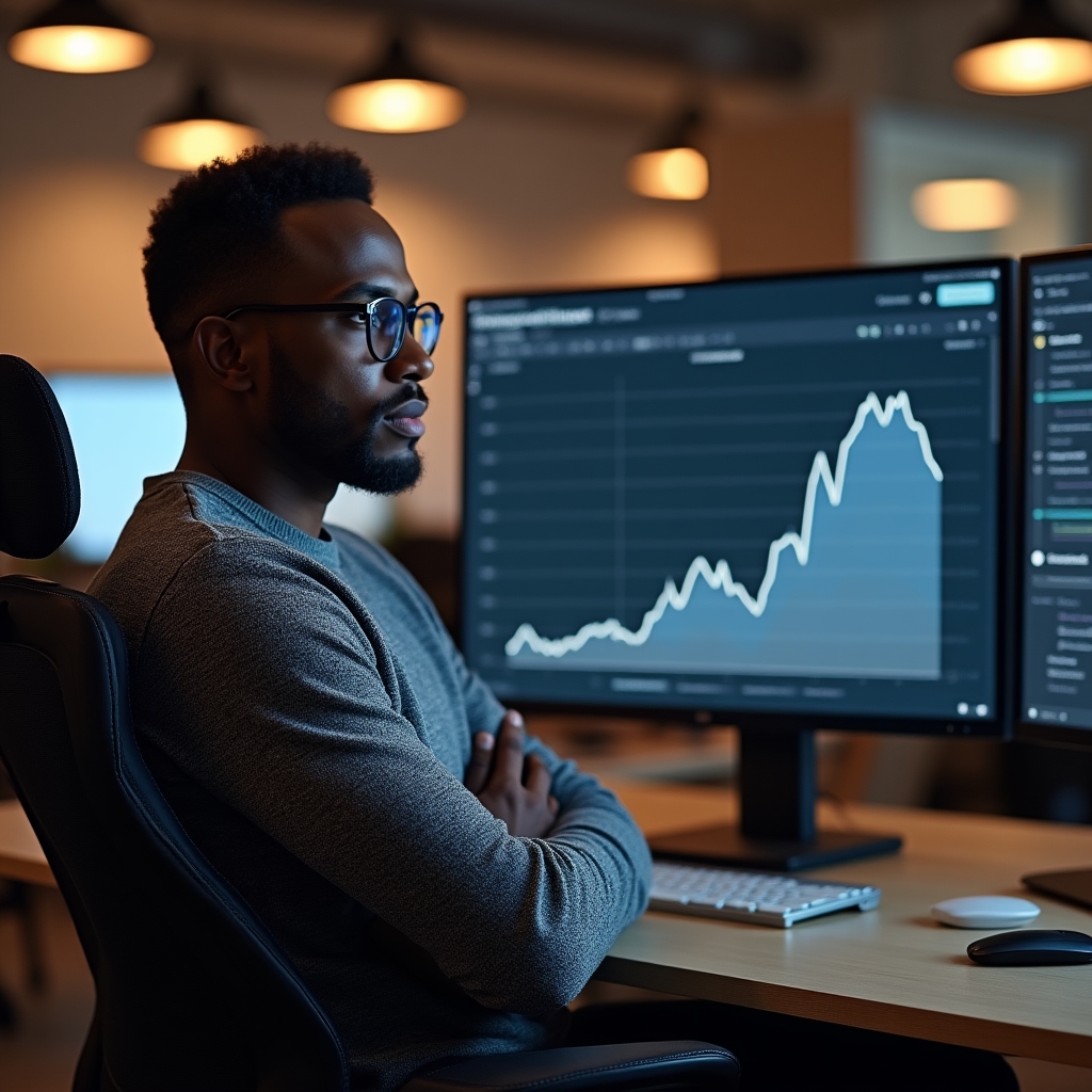 A male marketing analyst in his early thirties, Black, wearing glasses and a grey sweater, looking skeptically at a large monitor showing a spike in pageview traffic with arms crossed, overhead office lighting